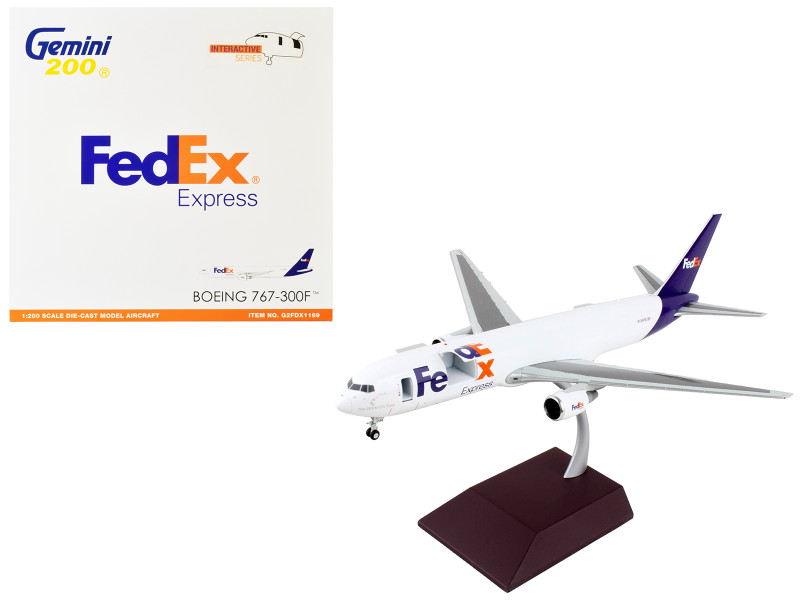 Boeing 767 300F Commercial Aircraft Federal Express White with Purple Tail Interactive Series 1/200 Diecast Model Airplane GeminiJets G2FDX1169