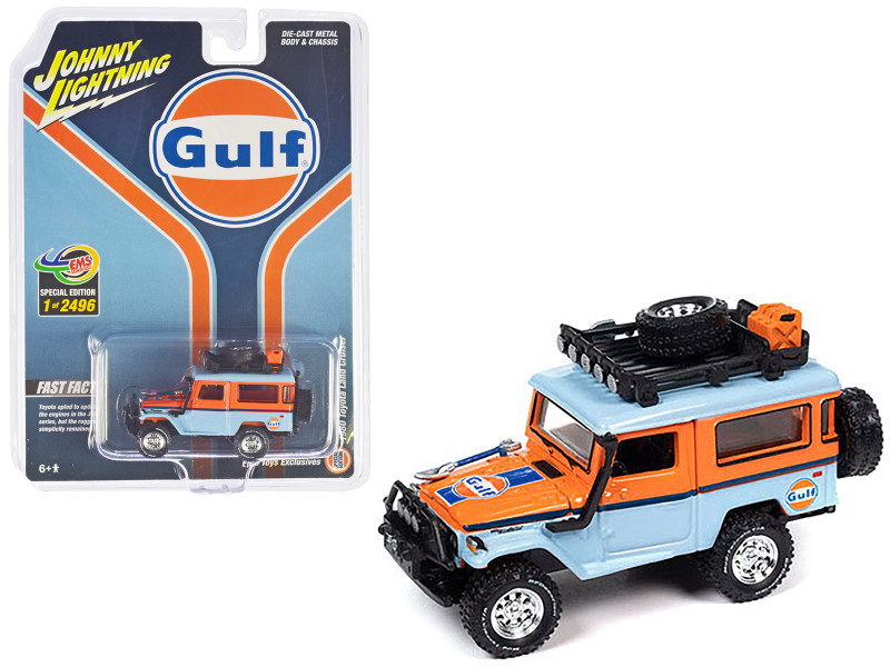 1980 Toyota Land Cruiser Light Blue and Orange Gulf Oil with Roof Rack Limited Edition to 2496 pieces Worldwide 1/64 Diecast Model Car Johnny Lightning JLCP7446