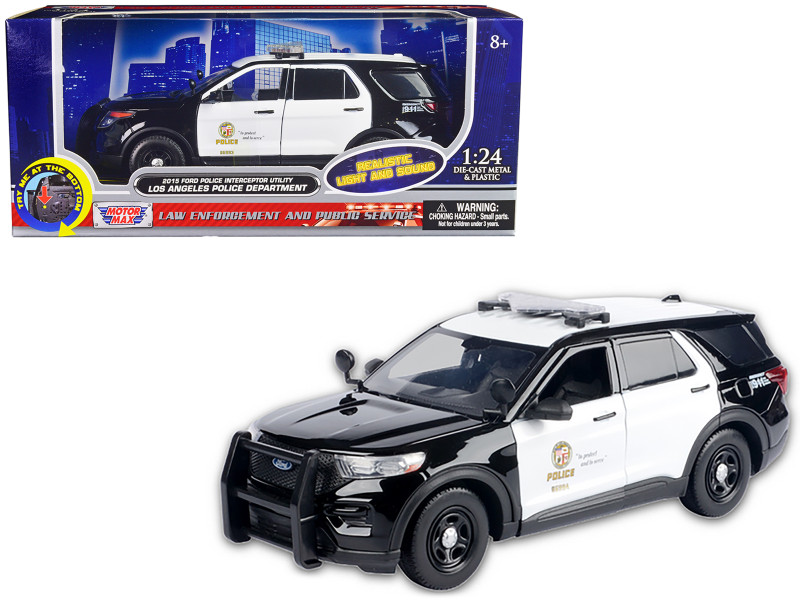 2015 Ford Police Interceptor Utility Black and White Los Angeles Police Department LAPD with Flashing Light Bar and Front and Rear Lights and Sounds 1/24 Diecast Model Car Motormax 79540