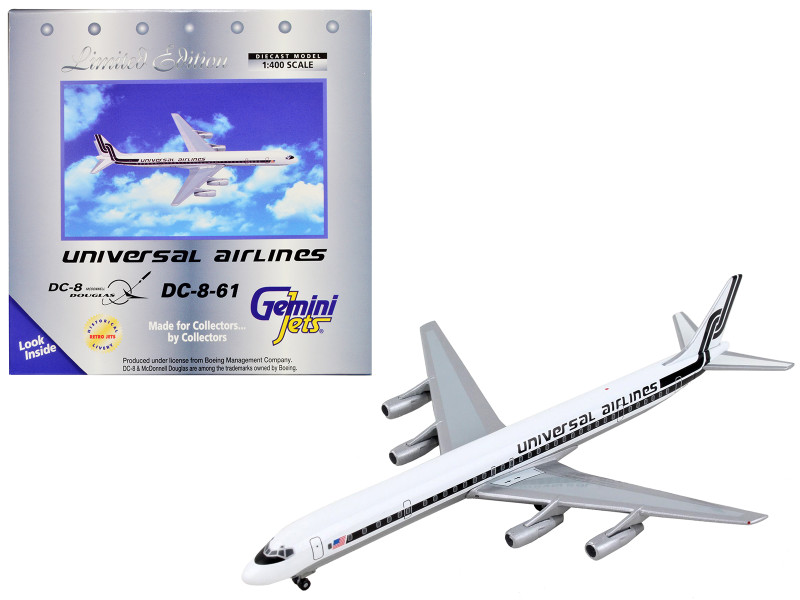 Douglas DC 8 61 Commercial Aircraft Universal Airlines White with Black Stripes 1/400 Diecast Model Airplane GeminiJets GJ095