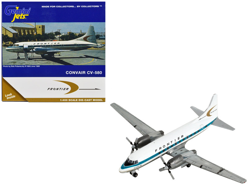 Convair CV 580 Commercial Aircraft Frontier Airlines White with Teal Stripes 1/400 Diecast Model Airplane GeminiJets GJ1263