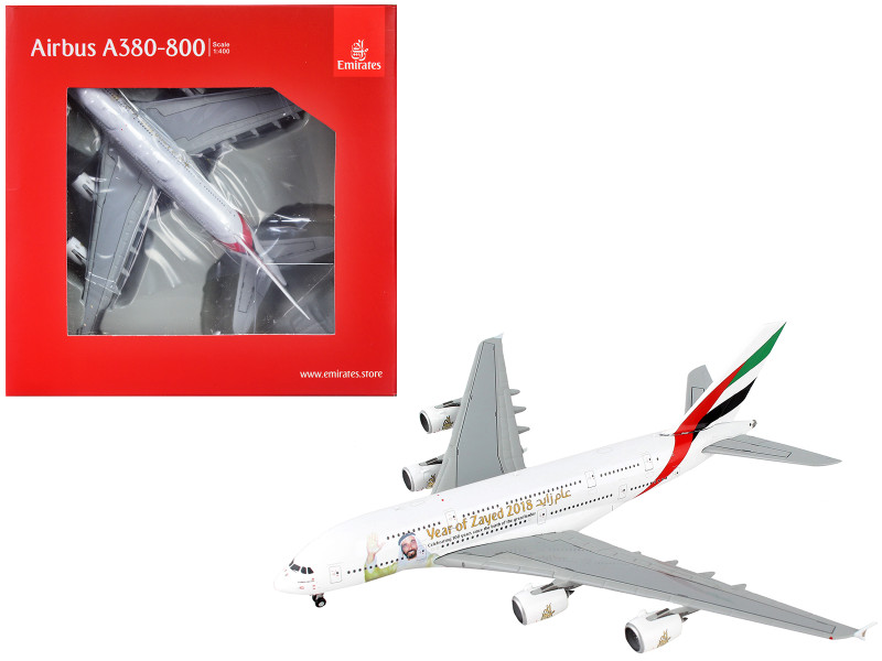 Airbus A380 800 Commercial Aircraft Emirates Airlines Year of Zayed 2018 White with Graphics 1/400 Diecast Model Airplane GeminiJets GJ1747