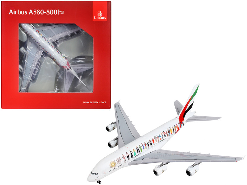Airbus A380 800 Commercial Aircraft Emirates Airlines Dubai Expo 2020 White with Graphics 1/400 Diecast Model Airplane GeminiJets GJ1959