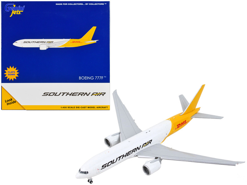 Boeing 777F Commercial Aircraft with Flaps Down Southern Air DHL White and Yellow 1/400 Diecast Model Airplane GeminiJets GJ2014F