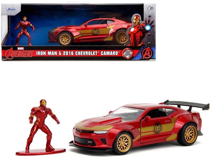 2016 Chevrolet Camaro Red Metallic and Gold and Iron Man Diecast Figure The Avengers Hollywood Rides Series 1/32 Diecast Model Car Jada JA30309