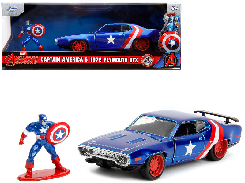 1972 Plymouth GTX Candy Blue with Red and White Stripes and Captain America Diecast Figure The Avengers Hollywood Rides Series 1/32 Diecast Model Car Jada 33081