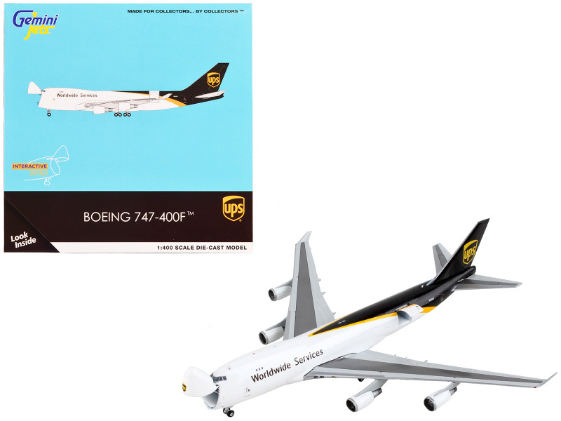 Boeing 747 400F Commercial Aircraft UPS Worldwide Service White and Brown Interactive Series 1/400 Diecast Model Airplane GeminiJets GJ2081