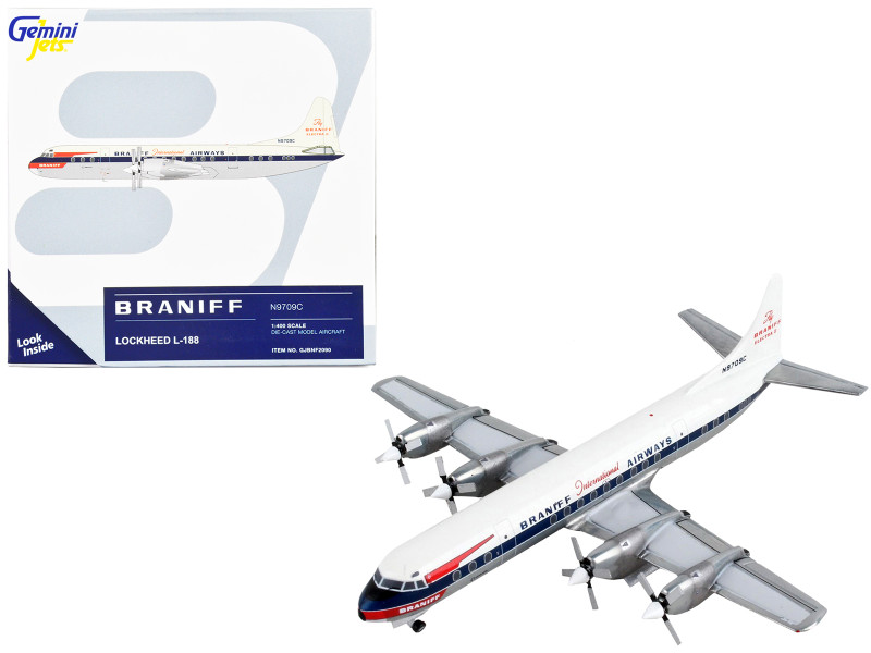 Lockheed L 188 Electra Commercial Aircraft Braniff International Airways White with Blue Stripes 1/400 Diecast Model Airplane GeminiJets GJ2090