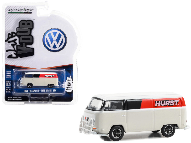 1969 Volkswagen Type 2 Panel Van White with Black and Red Stripes Hurst Shifters Club Vee V Dub Series 17 1/64 Diecast Model Car Greenlight 36080E