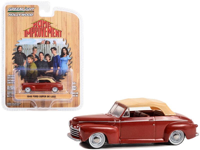 1946 Ford Super De Luxe Convertible Dark Red with Beige Soft Top Home Improvement 1991 99 TV Series Hollywood Series Release 40 1/64 Diecast Model Car Greenlight 62010C