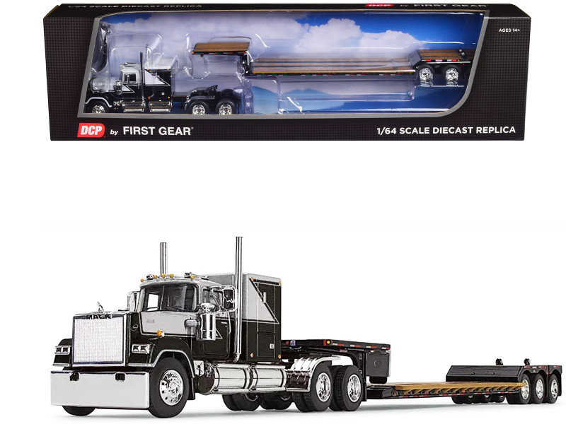 Mack Super Liner with 60 Flat Top Sleeper & Fontaine Renegade LXT40 Lowboy Trailer with Flip Axle Black and Gray 1/64 Diecast Model First Gear 60-1669