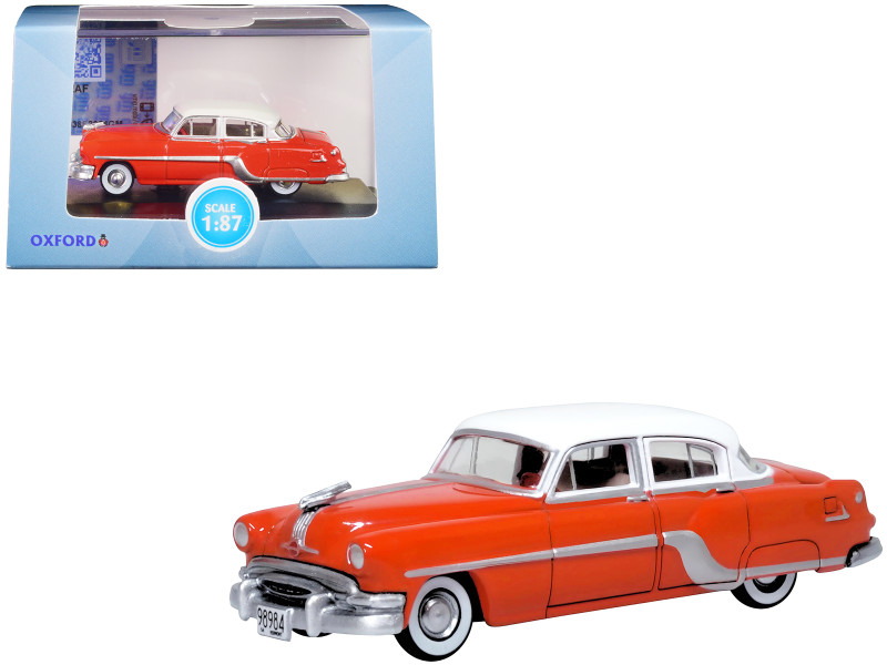 1954 Pontiac Chieftain 4 Door Coral Red with Winter White Top 1/87 HO Scale Diecast Model Car Oxford Diecast 87PC54004