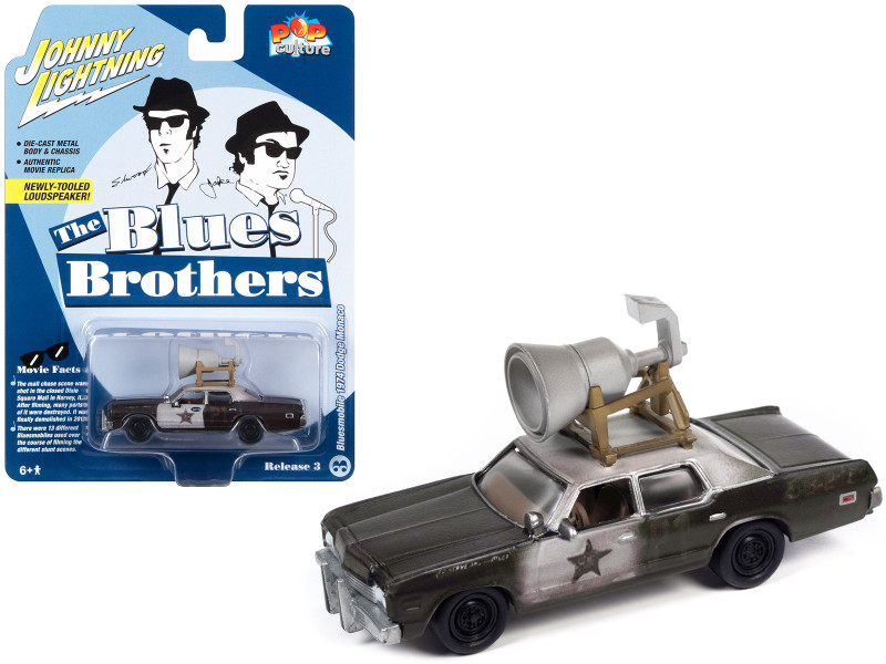 1974 Dodge Monaco Police Car Black and White Dirty w Roof Speaker Blues Brothers 1980 Movie Pop Culture 2023 Release 3 1/64 Diecast Model Car Johnny Lightning JLPC013-JLSP346
