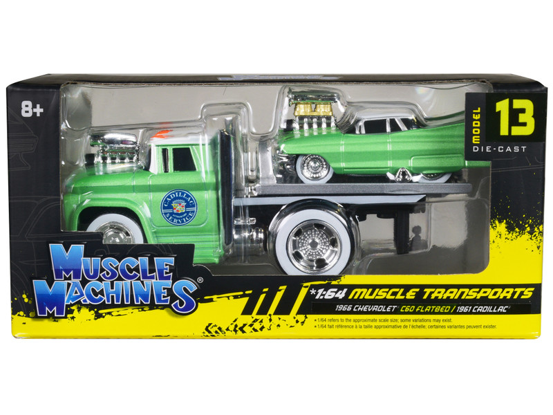 1966 Chevrolet C60 Flatbed Truck Green Metallic with White Top Cadillac Service and 1961 Cadillac Coupe Green Metallic with White Top Muscle Transports Series 1/64 Diecast Models Muscle Machines 11545GRN
