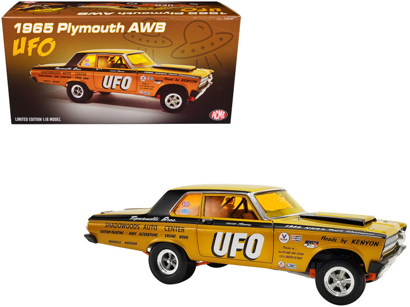 1965 Plymouth AWB Altered Wheel Base Gold Metallic with Graphics and Orange Tinted Windows UFO Limited Edition to 636 pieces Worldwide 1/18 Diecast Model Car ACME A1806509