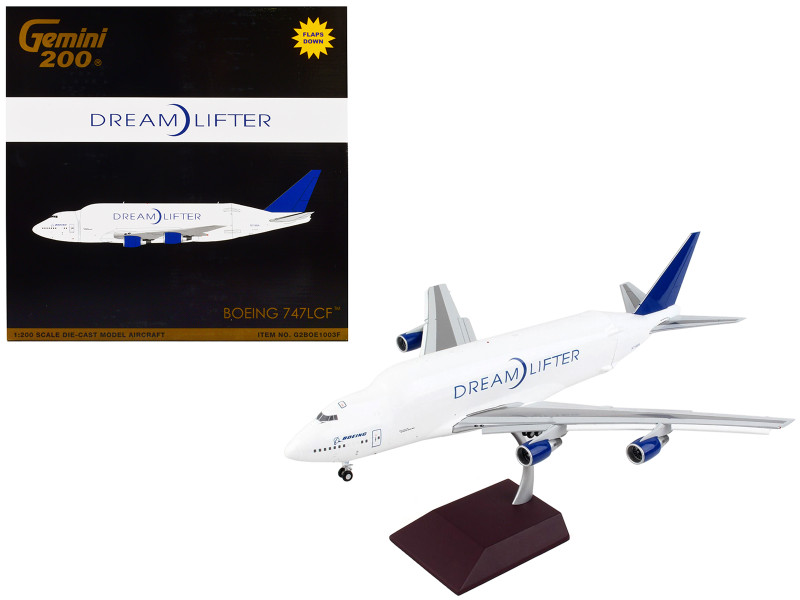 Boeing 747LCF Commercial Aircraft with Flaps Down Dreamlifter White with Blue Tail Gemini 200 Series 1/200 Diecast Model Airplane GeminiJets G2BOE1003F