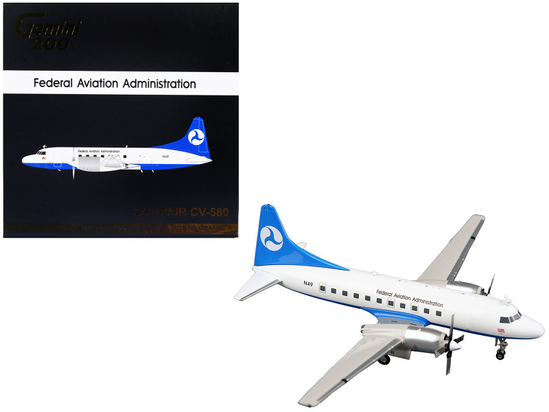 Convair CV 580 Commercial Aircraft Federal Aviation Administration White with Blue Tail Gemini 200 Series 1/200 Diecast Model Airplane GeminiJets G2FAA253