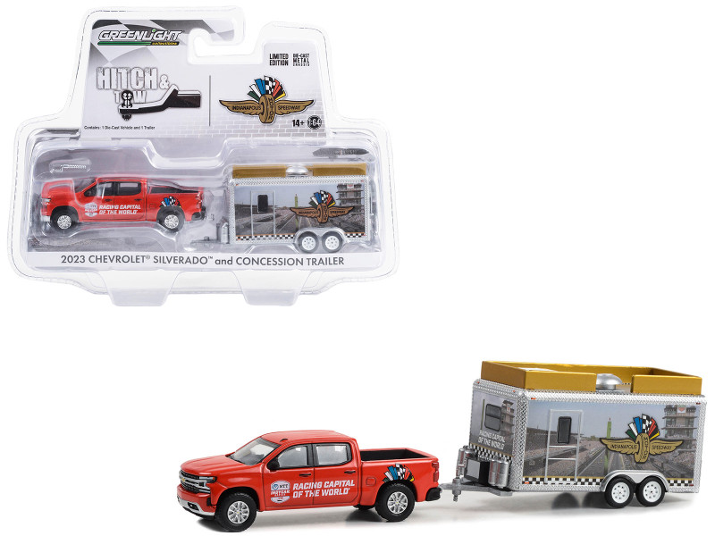 2023 Chevrolet Silverado Pickup Truck Red NTT Indycar Series and Indianapolis Motor Speedway Concession Trailer Hitch & Tow Series 1/64 Diecast Model Car Greenlight GL30456