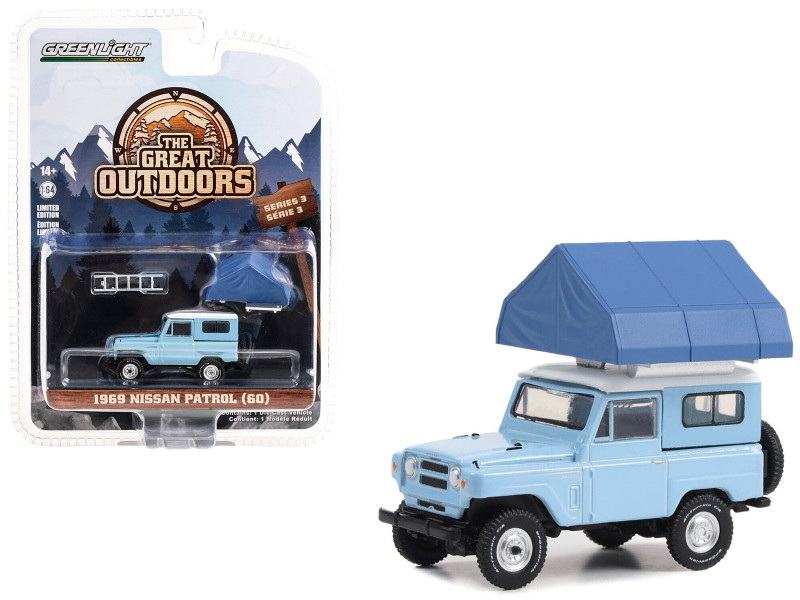 1969 Nissan Patrol 60 Light Blue with White Top and Camp otel Cartop Sleeper Tent The Great Outdoors Series 3 1/64 Diecast Model Car Greenlight 38050A