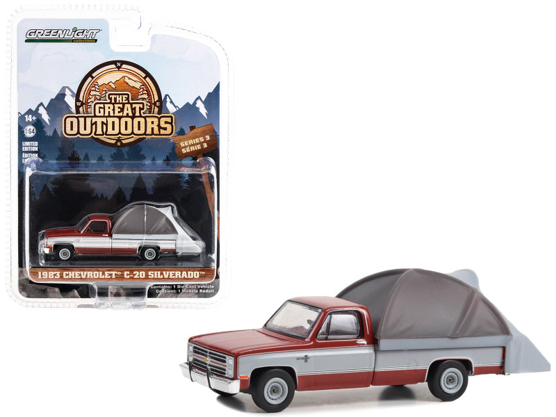 1983 Chevrolet C 20 Silverado Pickup Truck Carmine Red and Silver Metallic with Modern Truck Bed Tent The Great Outdoors Series 3 1/64 Diecast Model Car Greenlight 38050C
