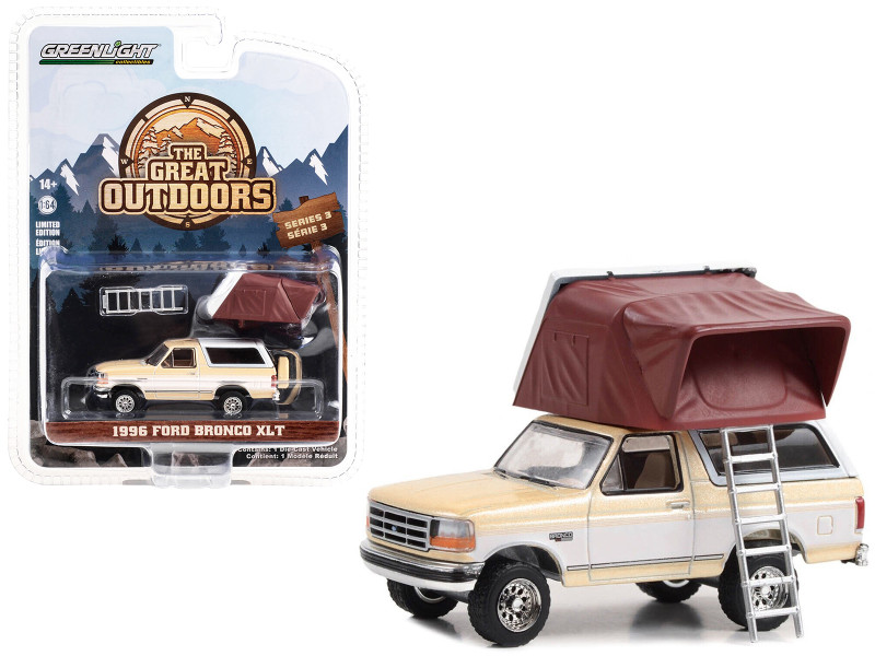 1996 Ford Bronco XLT Light Saddle and Oxford White with Modern Rooftop Tent The Great Outdoors Series 3 1/64 Diecast Model Car Greenlight 38050F
