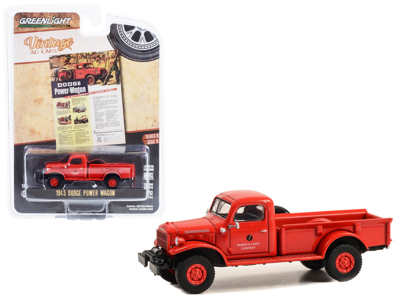 1945 Dodge Power Wagon Pickup Truck Red Power and Light Company A Self Propelled Power Plant Vintage Ad Cars Series 9 1/64 Diecast Model Car Greenlight 39130A