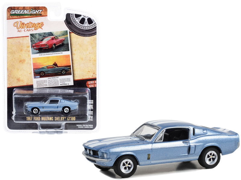 1967 Ford Mustang Shelby GT500 Light Blue Metallic with White Stripes Order Your Mustang As Hot As You Like Even Shelby Hot! Vintage Ad Cars Series 9 1/64 Diecast Model Car Greenlight 39130C