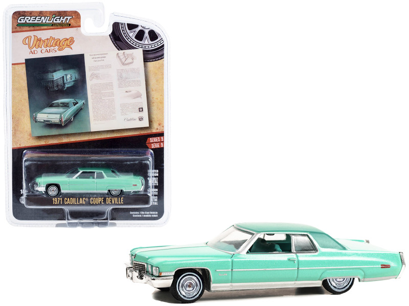 1971 Cadillac Coupe deVille Light Green Metallic with Green Interior Your Second Impression Will Be Even Greater Than Your First Vintage Ad Cars Series 9 1/64 Diecast Model Car Greenlight 39130D