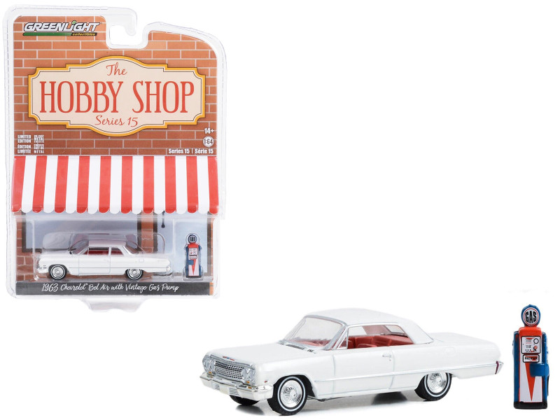 1963 Chevrolet Bel Air White with Orange Interior and Vintage Gas Pump The Hobby Shop Series 15 1/64 Diecast Model Car Greenlight 97150A
