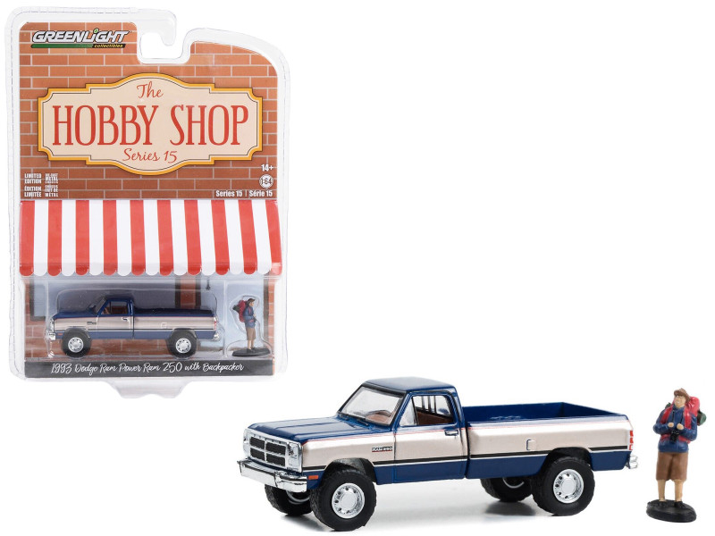 1993 Dodge Ram Power Ram 250 Pickup Truck Blue and Silver Metallic with Backpacker Figure The Hobby Shop Series 15 1/64 Diecast Model Car Greenlight 97150D
