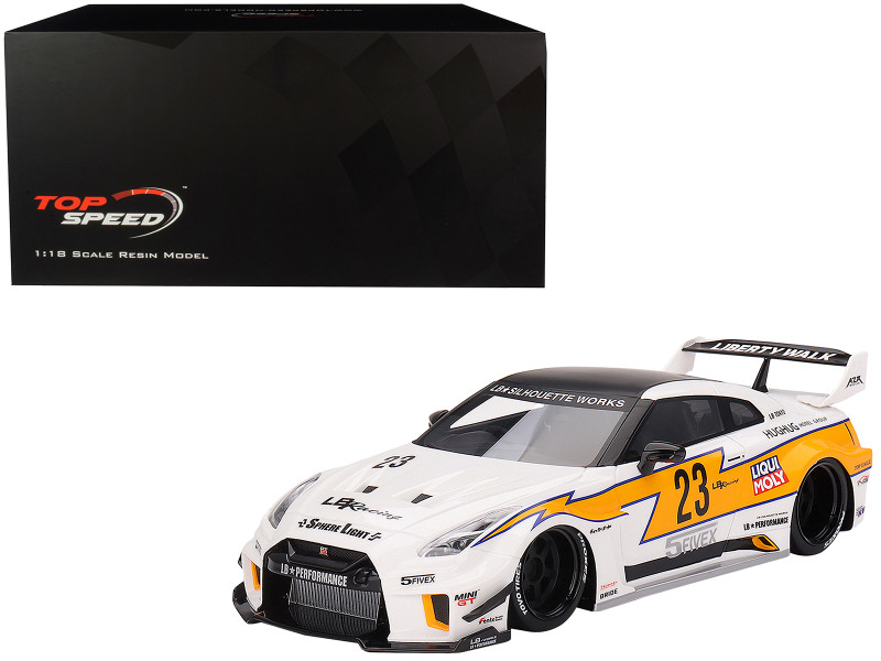 Nissan LB Silhouette WORKS GT 35GT RR Ver 1 RHD Right Hand Drive #23 White with Yellow Stripes LB Racing 1/18 Model Car Top Speed TS0465