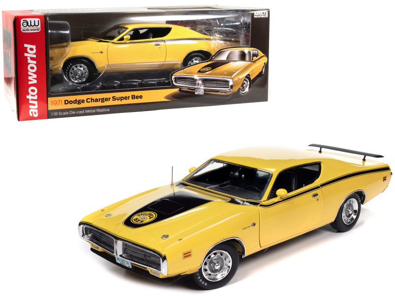 1971 Dodge Charger Super Bee Top Banana Yellow with Black Stripes American Muscle Series 1/18 Diecast Model Car Auto World AMM1315