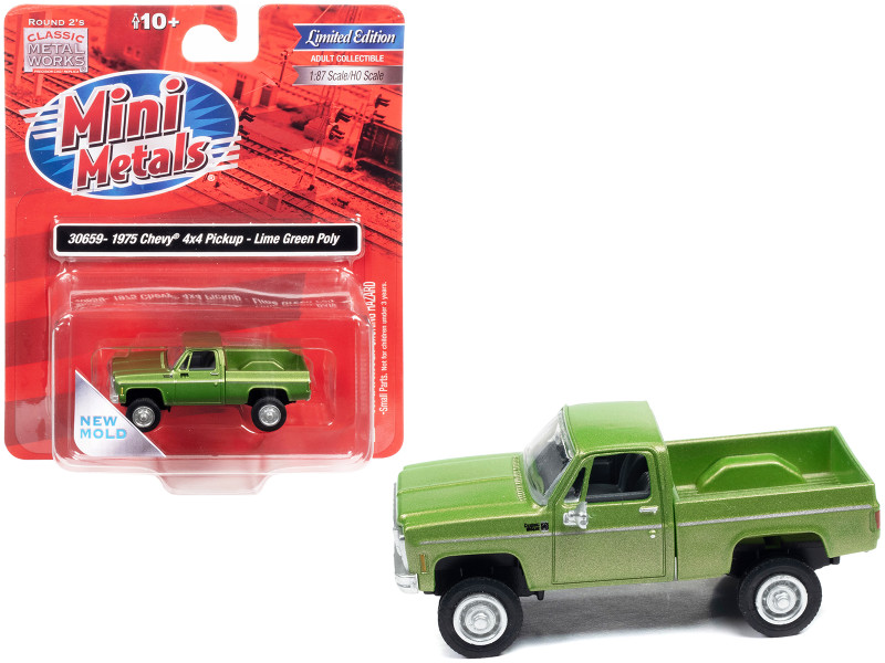 1975 Chevrolet 4x4 Pickup Truck Lime Green Metallic 1/87 (HO) Scale Model Car Classic Metal Works 30659