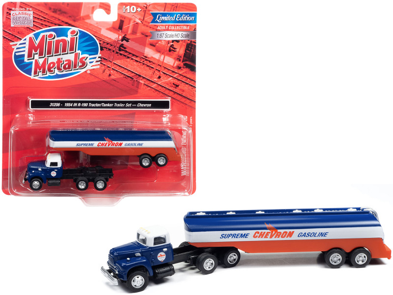 1954 IH R 190 Tractor Blue and White with Tanker Trailer Chevron Supreme Gasoline 1/87 (HO) Scale Model Truck Classic Metal Works CMW31206