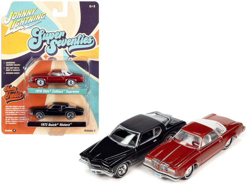 1976 Oldsmobile Cutlass Supreme Red Metallic with White Top and Interior and 1972 Buick Riviera Black Super Seventies Set of 2 Cars 2 Packs 2023 Release 2 1/64 Diecast Model Cars Johnny Lightning JLPK022-JLSP341B