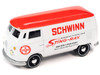 1965 Volkswagen Type 2 Transporter Van White with Red Top Schwinn & 1976 Ford Econoline Van White with Red & Blue Graphics Mongoose USA Factory Team BMX Freestyle Set of 2 Cars 2 Packs 2023 Release 2 1/64 Diecast Model Cars Johnny Lightning JLPK022-JLSP342A