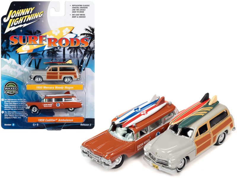 1950 Mercury Woody Wagon Dakota Gray with Wood Panels & Surfboards on Roof & 1959 Cadillac Ambulance Dull Red w/ Surfboards on Roof Cocoa Beach Rescue Patrol Surf Rods Set of 2 Cars 2 Packs 2023 Release 2 1/64 Diecast Model Cars Johnny Lightning JLPK022-JLSP343B