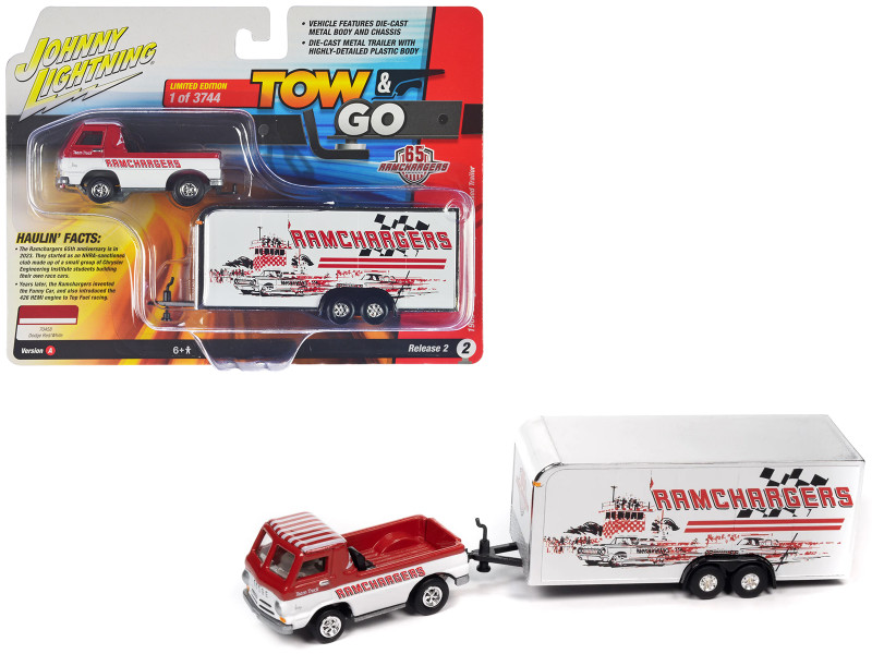 1965 Dodge A 100 Pickup Truck Red and White with Enclosed Car Trailer Ramchargers Tow & Go Series Limited Edition to 3744 pieces Worldwide 1/64 Diecast Model Car Johnny Lightning JLBT018-JLSP351A