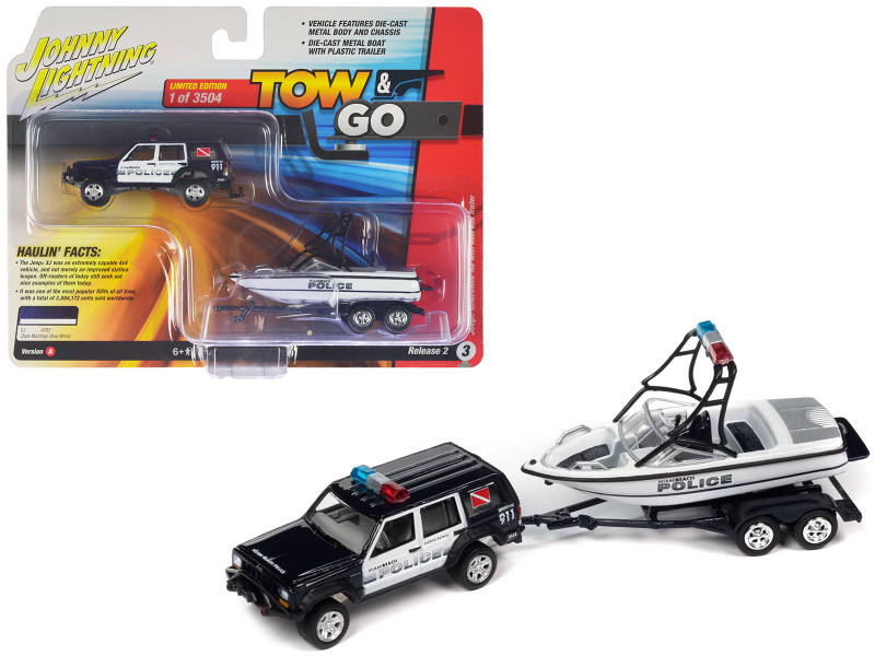 Jeep Cherokee XJ Black and White Miami Beach Police with Boat and Trailer Tow & Go Series Limited Edition to 3504 pieces Worldwide 1/64 Diecast Model Car Johnny Lightning JLBT018-JLSP352A