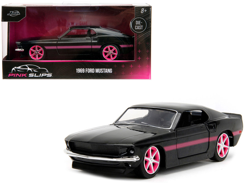 1969 Ford Mustang Black Metallic with Pink Stripes and Wheels Pink Slips Series 1/32 Diecast Model Car Jada 34853