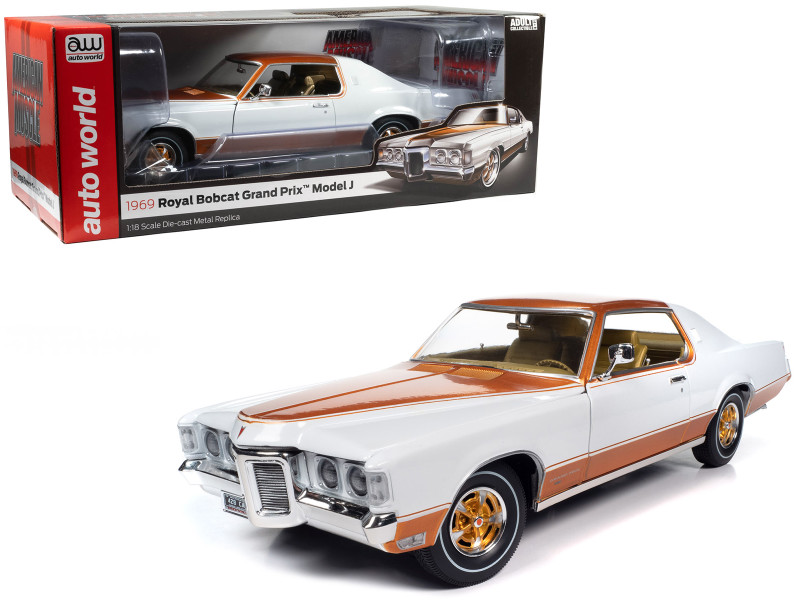 1969 Pontiac Royal Bobcat Grand Prix Model J Cameo White with Firefrost Gold Hood and Top with Gold Interior American Muscle Series 1/18 Diecast Model Car Auto World AMM1316