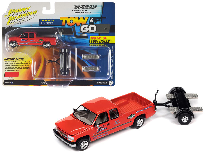 2002 Chevrolet Silverado Pickup Truck Red Auto Salvage Inc and Tow Dolly Black Tow & Go Series Limited Edition to 3672 pieces Worldwide 1/64 Diecast Model Car Johnny Lightning JLBT018-JLSP350B