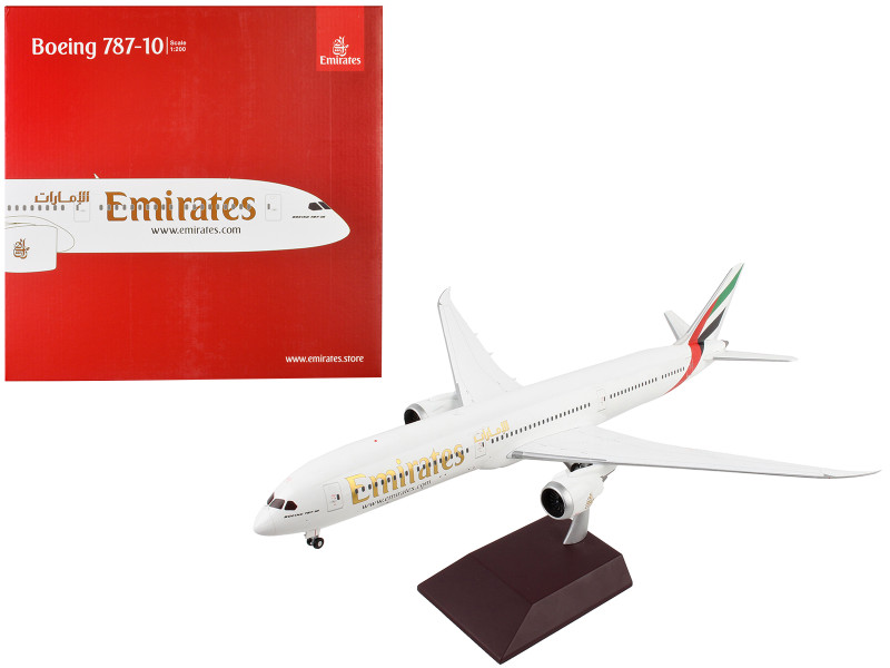 Boeing 787 10 Commercial Aircraft Emirates Airlines White with Striped Tail Gemini 200 Series 1/200 Diecast Model Airplane GeminiJets G2UAE740