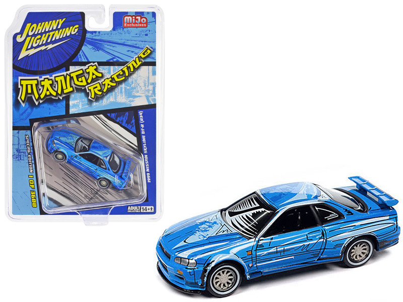 1999 Nissan Skyline GT R R34 RHD Right Hand Drive Blue with Graphics Manga Racing Limited Edition to 3600 pieces Worldwide 1/64 Diecast Model Car Johnny Lightning JLCP7455