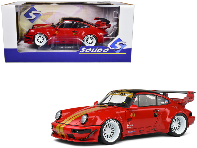 2021 RWB Bodykit #40 Red with Gold Stripes Black Top and Cherry Blossom Graphics Red Sakura 1/18 Diecast Model Car Solido S1807506