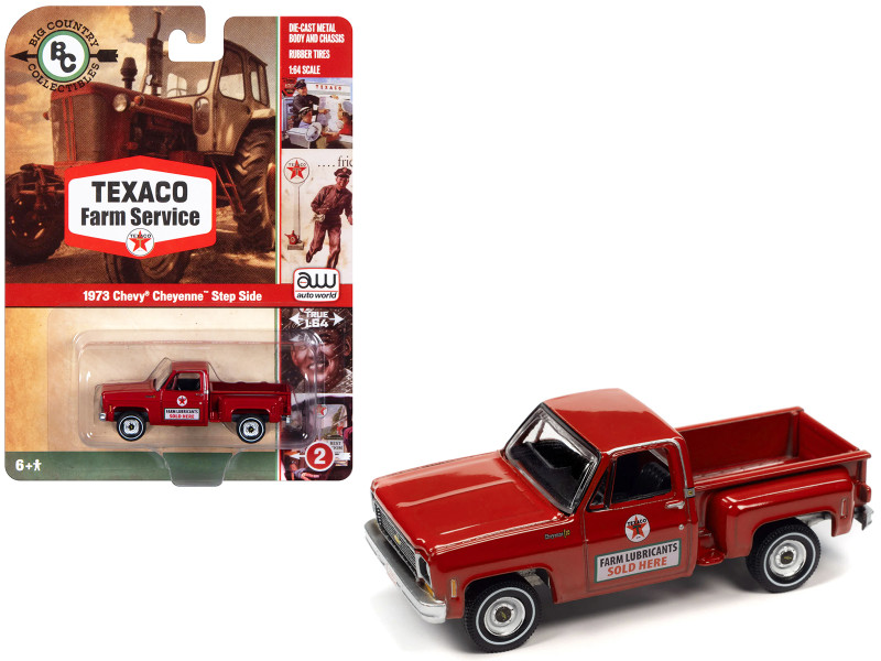 1973 Chevrolet Cheyenne Step Side Pickup Truck Red Texaco Farm Service Big Country Collectibles 2023 Release 1 1/64 Diecast Model Car Auto World AWBC001-AWSP148