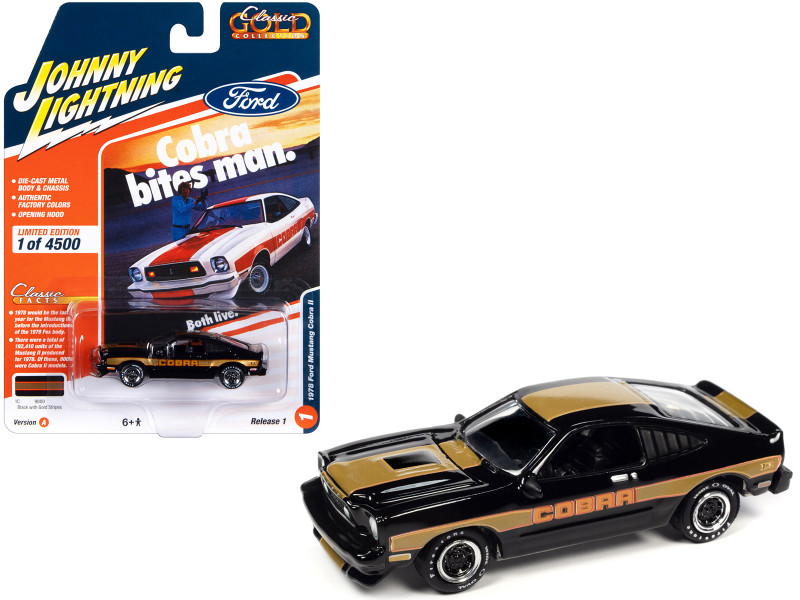 1978 Ford Mustang Cobra II Black with Gold Stripes Classic Gold Collection 2023 Release 1 Limited Edition to 4500 pieces Worldwide 1/64 Diecast Model Car Johnny Lightning JLCG031-JLSP321A