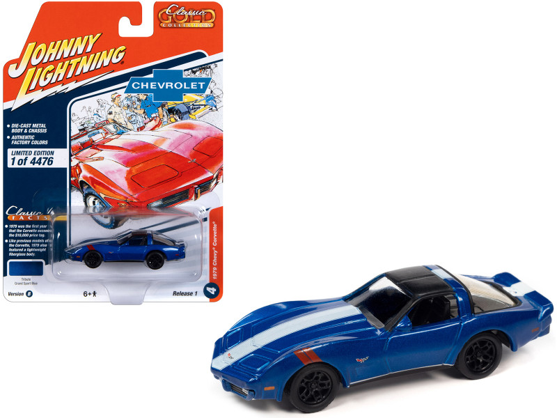 1979 Chevrolet Corvette Grand Sport Blue Metallic with White Stripes and Black Top Classic Gold Collection 2023 Release 1 Limited Edition to 4476 pieces Worldwide 1/64 Diecast Model Car Johnny Lightning JLCG031-JLSP325B