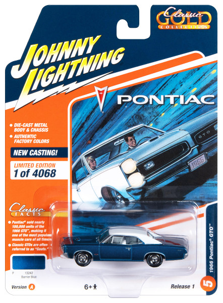1966 Pontiac GTO Barrier Blue Metallic with White Top and White Interior Classic Gold Collection 2023 Release 1 Limited Edition to 4068 pieces Worldwide 1/64 Diecast Model Car Johnny Lightning JLCG031-JLSP325A