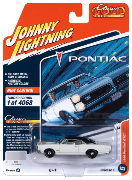 1966 Pontiac GTO Cameo Ivory with Black Top and White Interior Classic Gold Collection 2023 Release 1 Limited Edition to 4068 pieces Worldwide 1/64 Diecast Model Car Johnny Lightning JLCG031-JLSP325B